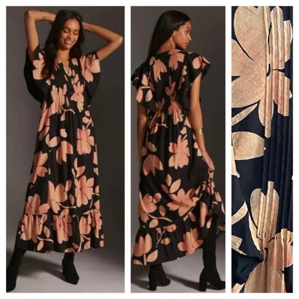 Anthropologie Black and Tan Floral Maxi Dress